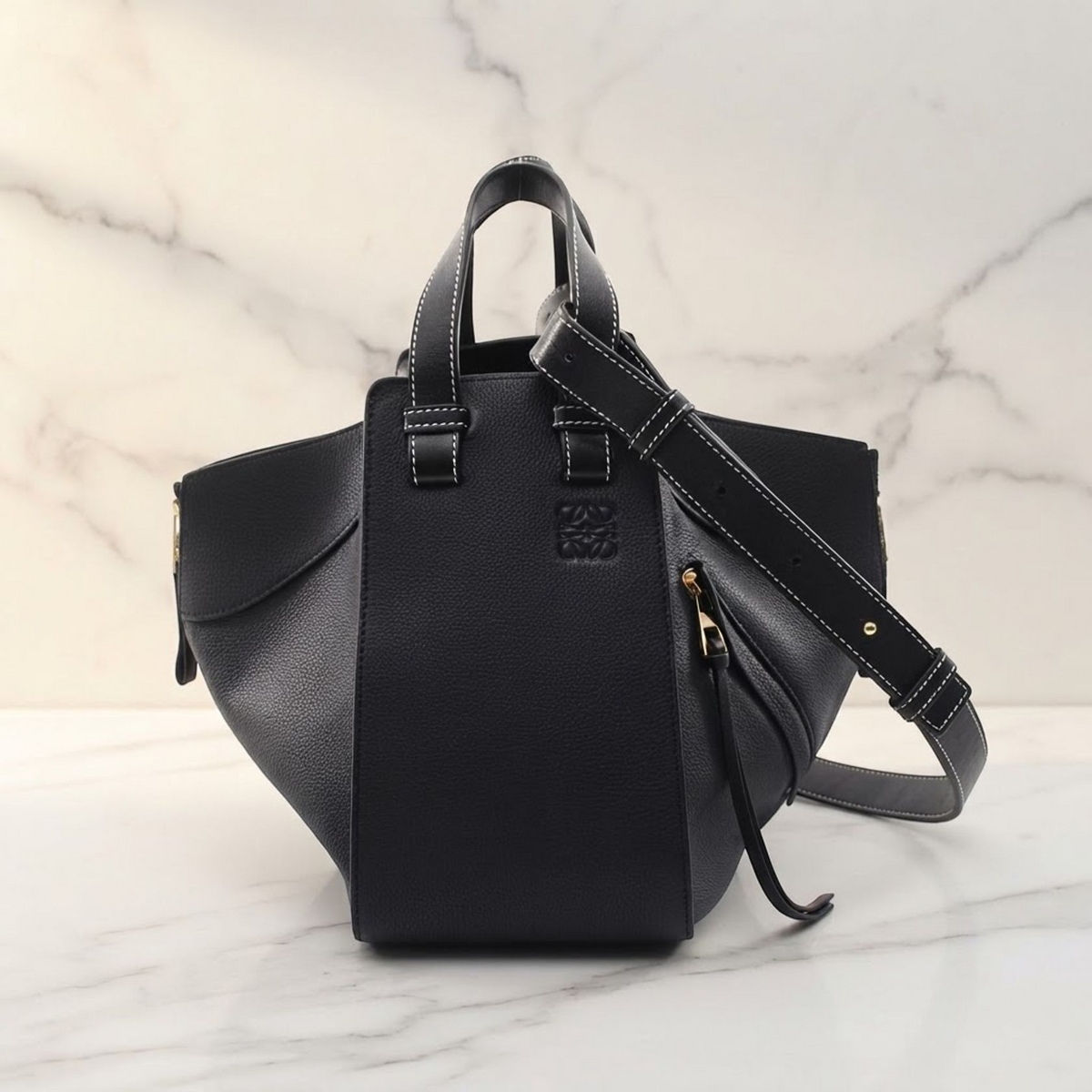 LOEWE HAMMOCK SMALL 2-Way Shoulder Handbag leather Navy Black Used Women