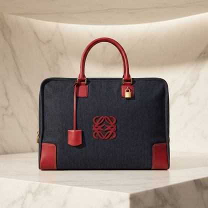 LOEWE Amazona 50 Boston Handbag denim leather Navy Bordeaux Used Women