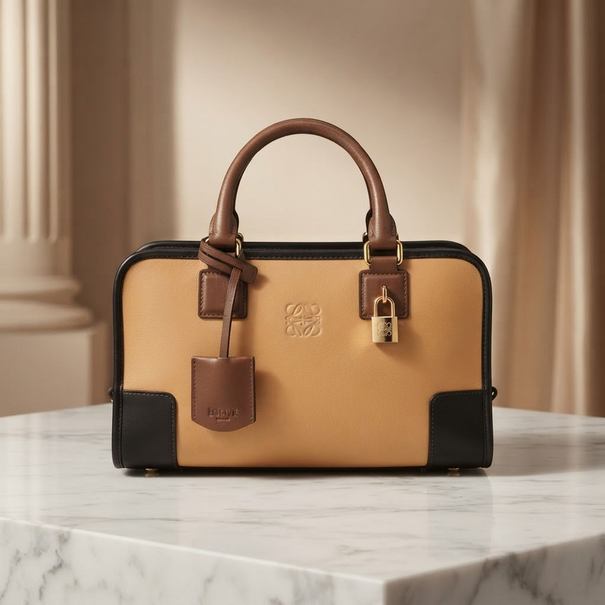 LOEWE Amazona 28 Square Handbag leather Beige Black Brown Used Women