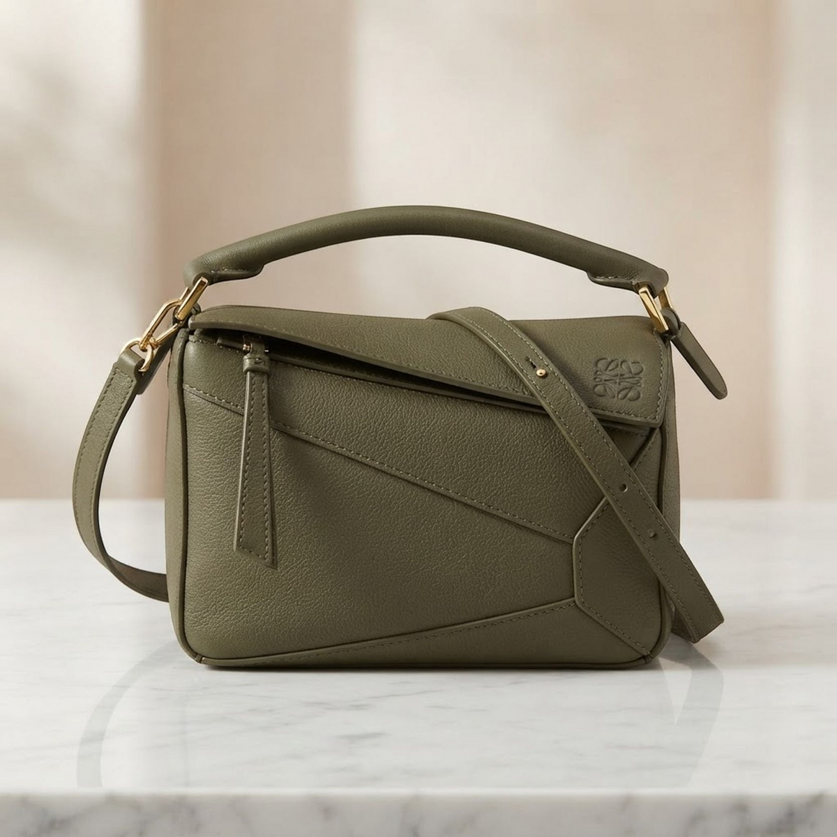 LOEWE PUZZLE EDGE MINI Shoulder Crossbody Handbag A510P88X26 leather Khaki Used