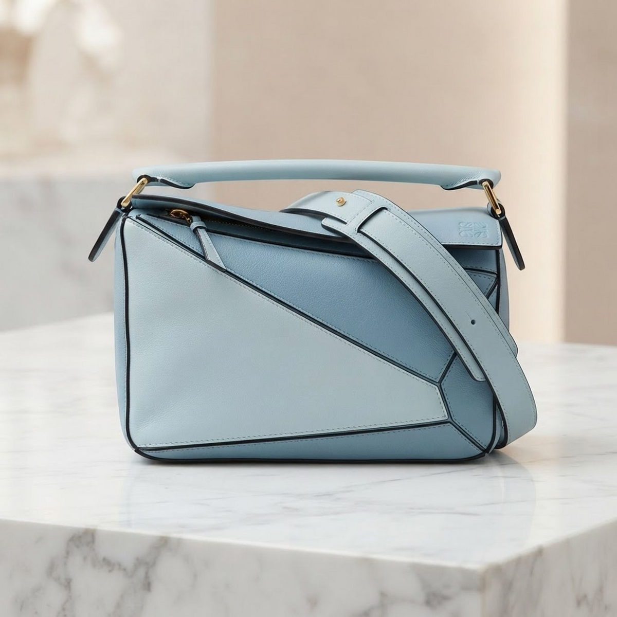 LOEWE GHW 2 Way Shoulder Bag Calfskin Leather Blue