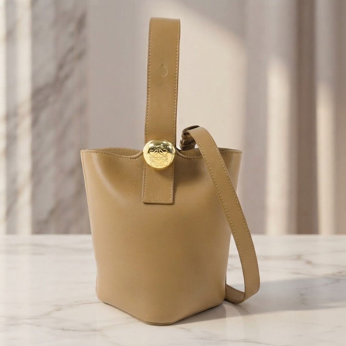 LOEWE GHW Pebble Bucket Mini 2 Way Shoulder Bag Calfskin Leather Brown