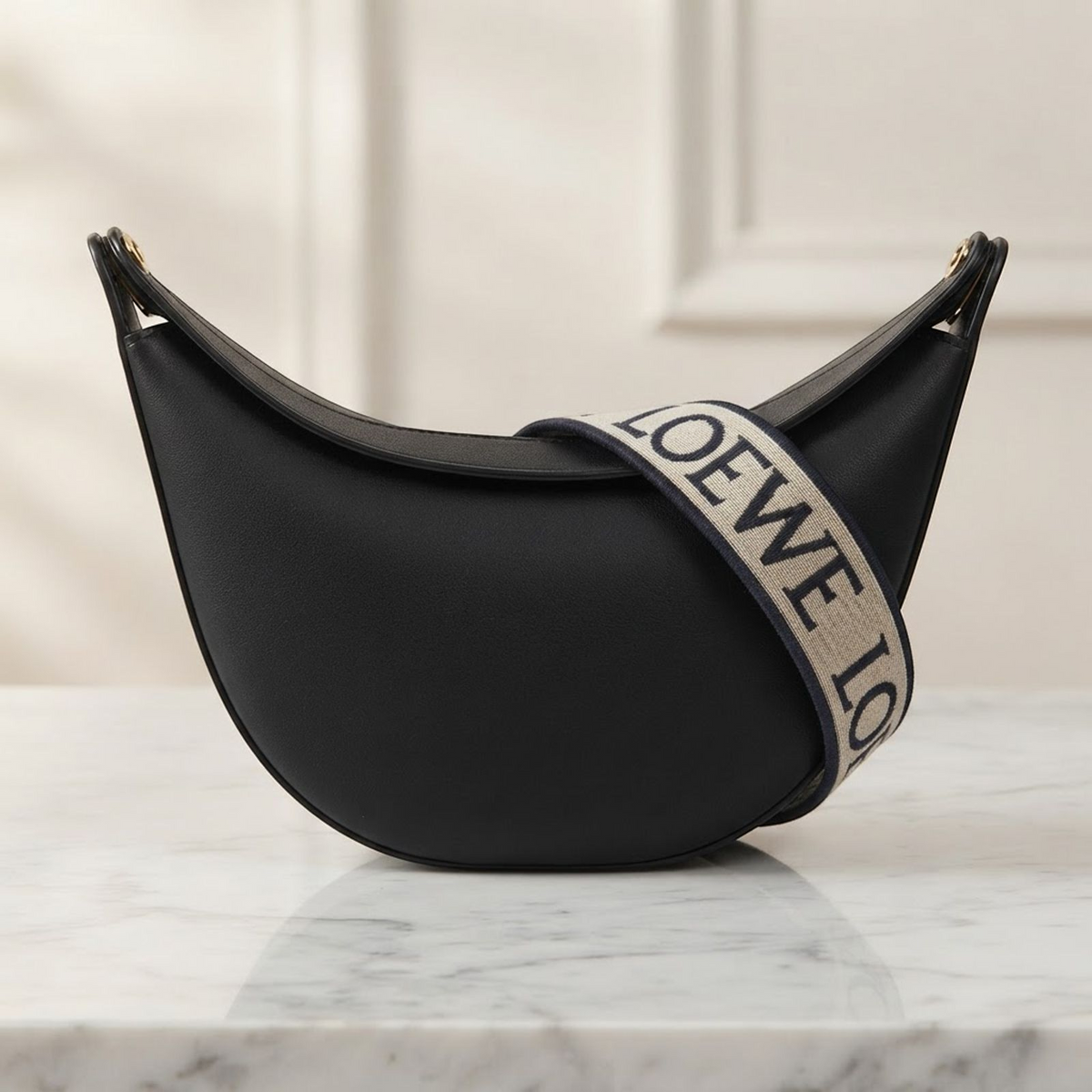 LOEWE GHW Luna Small Shoulder Bag Calfskin Leather Black