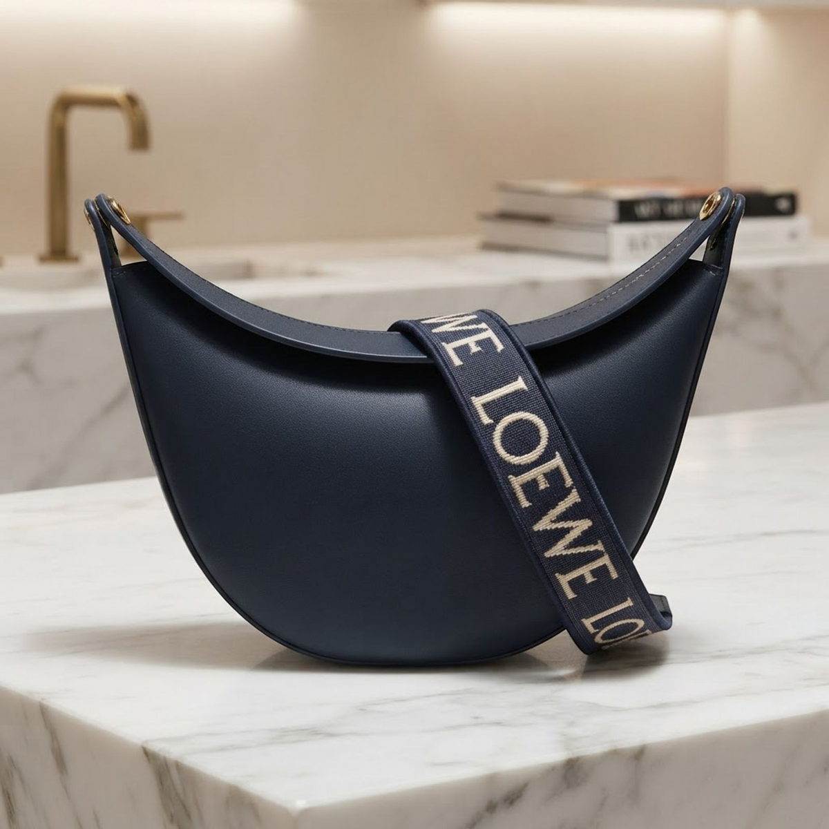 LOEWE GHW Luna Small Shoulder Bag Calfskin Leather Navy Blue
