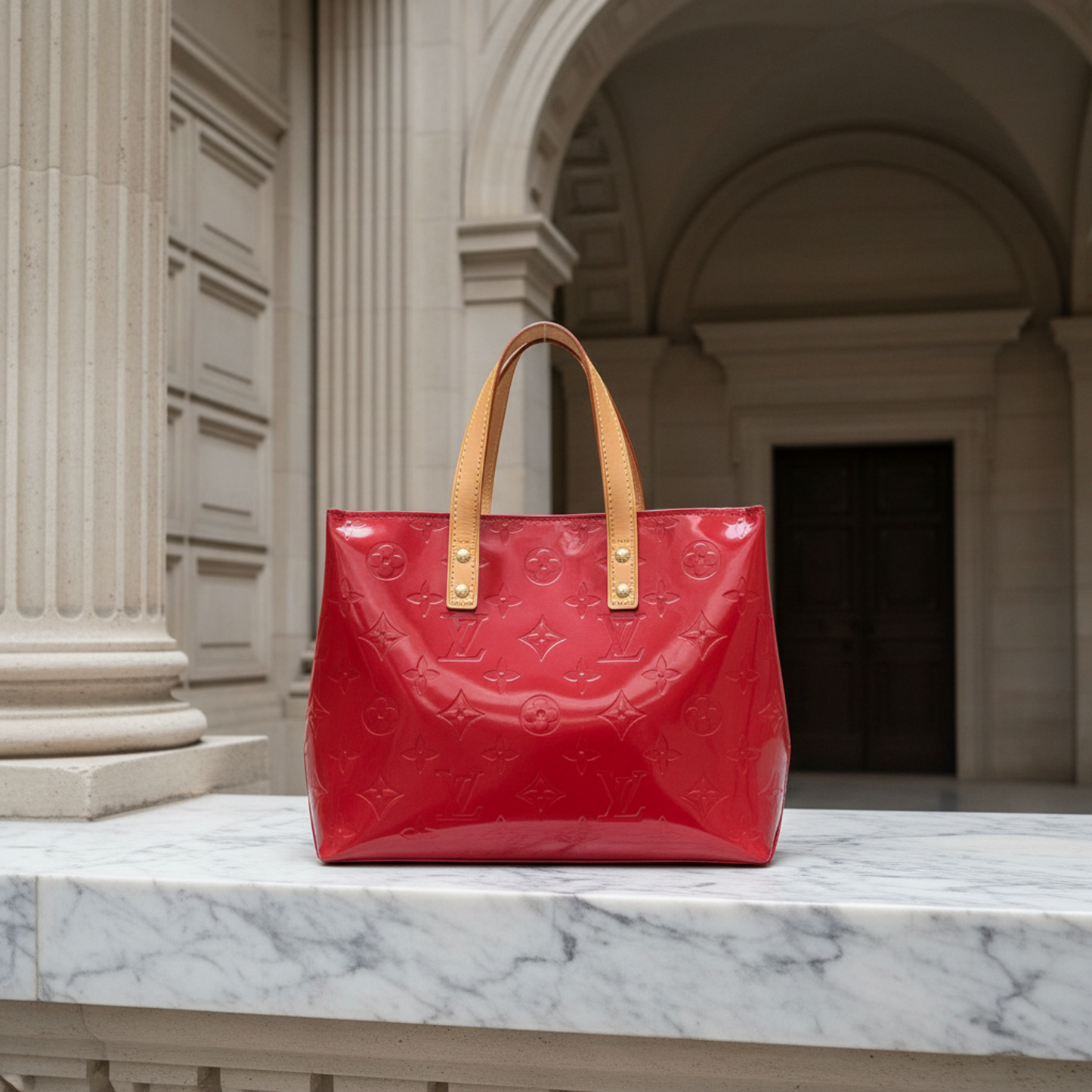 Louis Vuitton Monogram Vernis Reade PM M91990 Women's Handbag Pomme D'amour