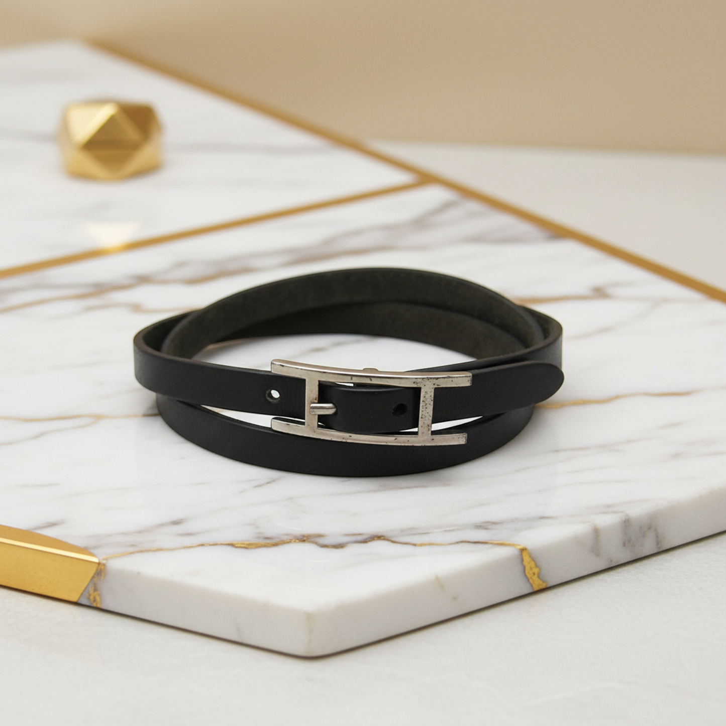 Hermes Hapi Triple Bracelet Choker Leather,Metal No Stone Bangle Black,Silver