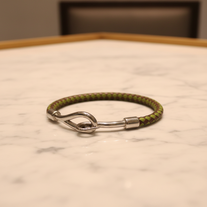 Hermes Jumbo Braiding Leather,Metal No Stone Bangle Dark Brown,Green,Silver