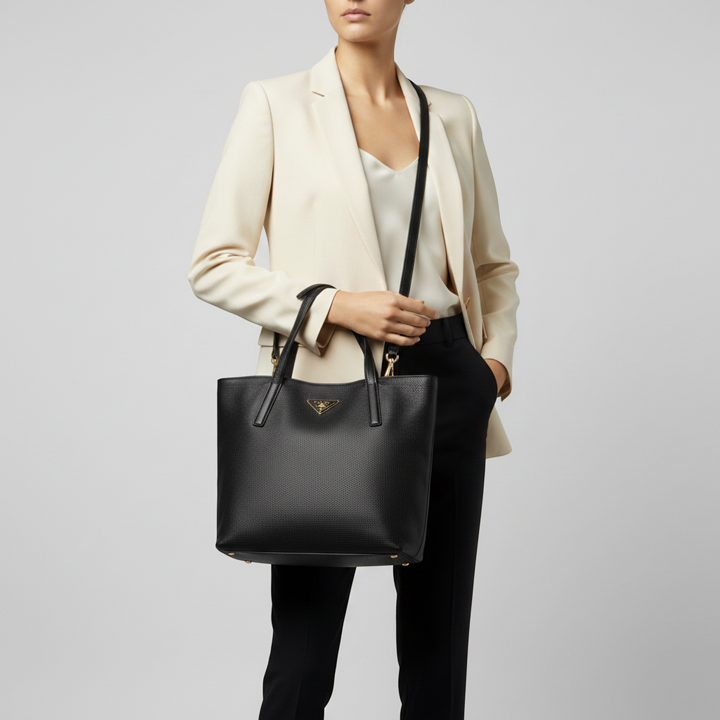 Prada Triangle Logo Women's Leather Shoulder Bag,Tote Bag Black