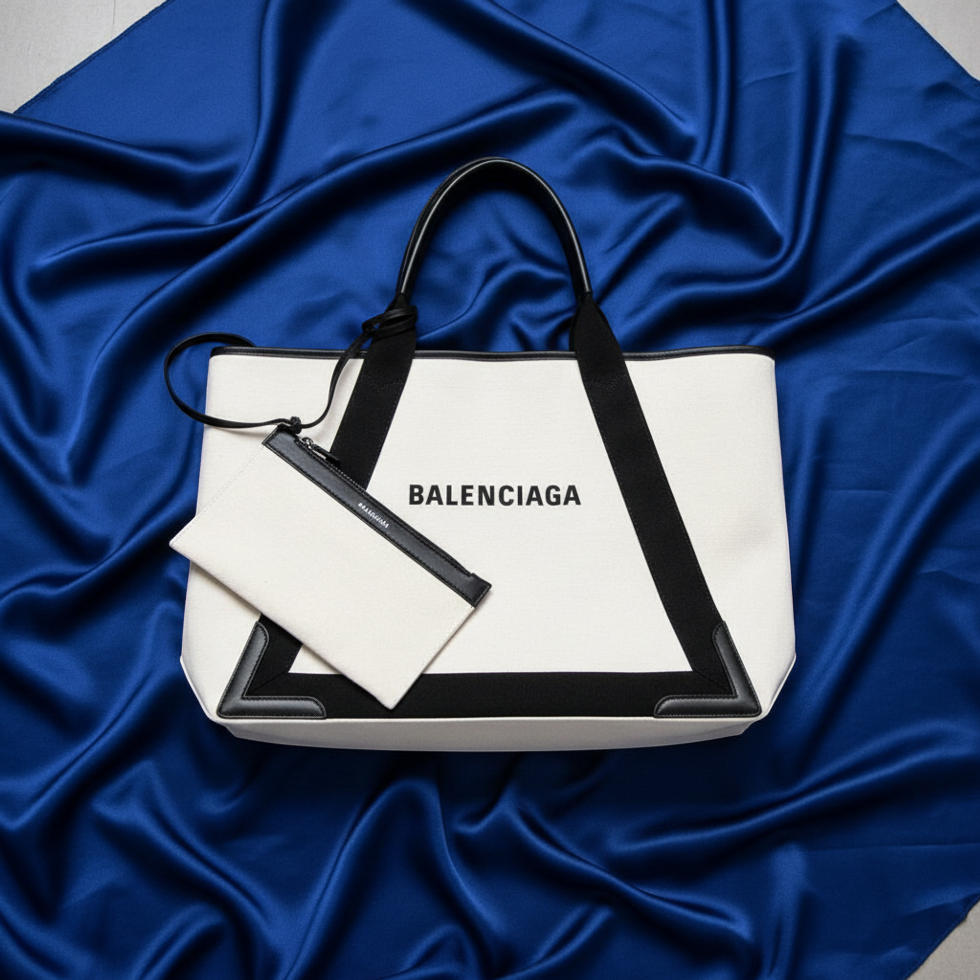 Balenciaga Navy Cabas M 339936 Men,Women Canvas,Leather Handbag,Tote Bag Black,Off-white
