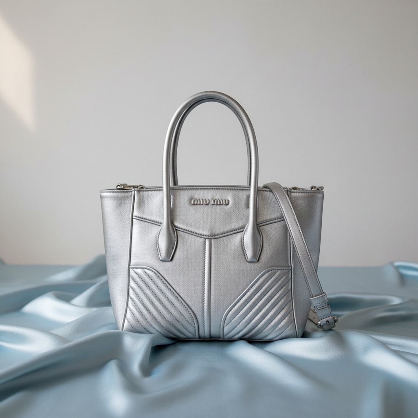 Miu Miu NAPPA BIKER 5BA145 Women's Leather Handbag,Shoulder Bag Silver