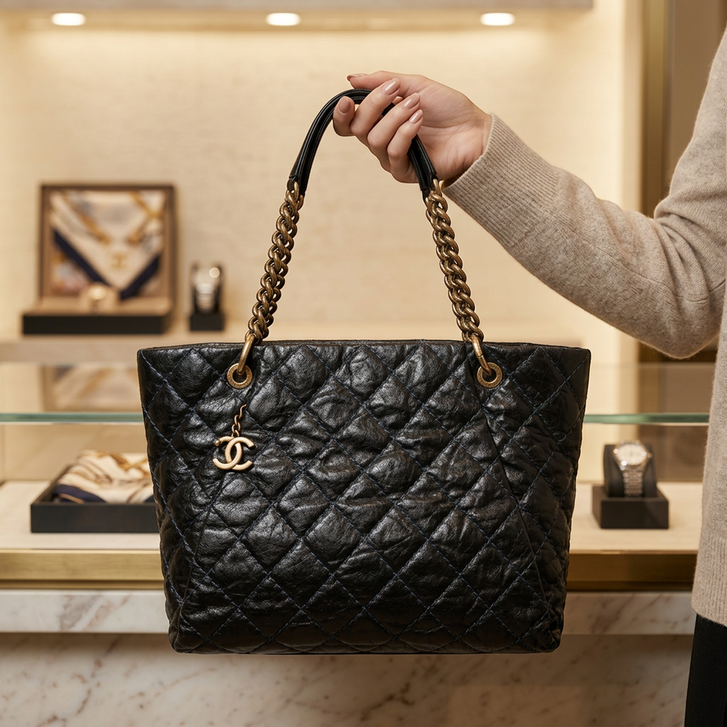 Chanel Matelasse Chain Women's Grained Calfskin Tote Bag Black,Navy