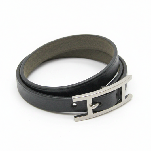 Hermes Hapi 4-row Bracelet Choker Leather,Metal No Stone Bangle Black,Silver