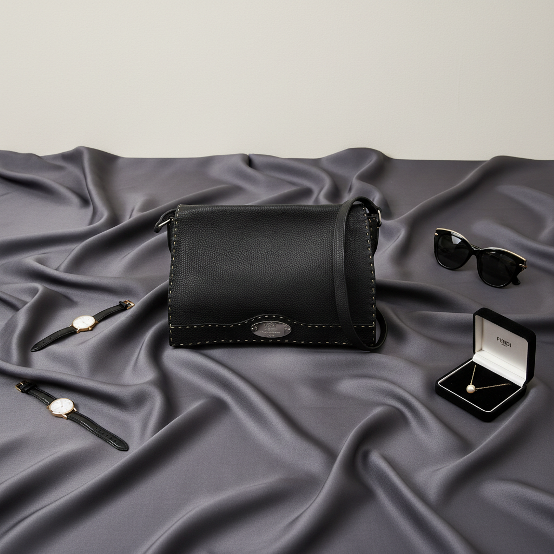Fendi Selleria 8BT116 Women's Leather Messenger Bag,Shoulder Bag Black