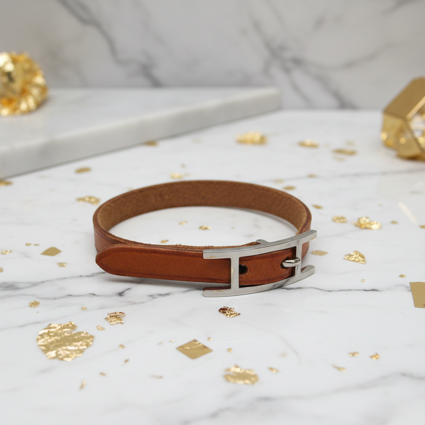 Hermes Api Leather,Metal Bangle Brown,Silver