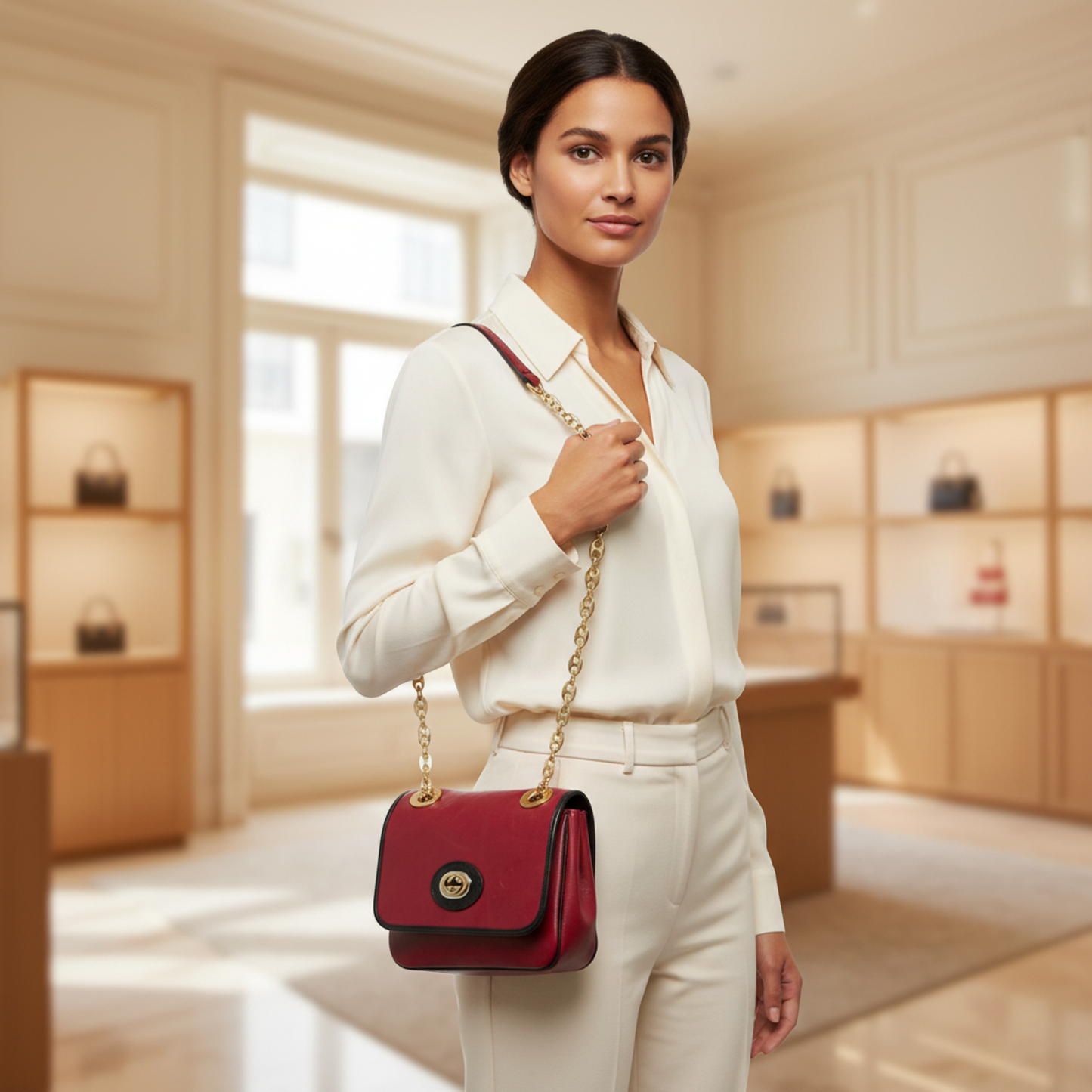 Gucci Interlocking G Chain Shoulder Bag 576423 Women's Leather Shoulder Bag Black,Red Color