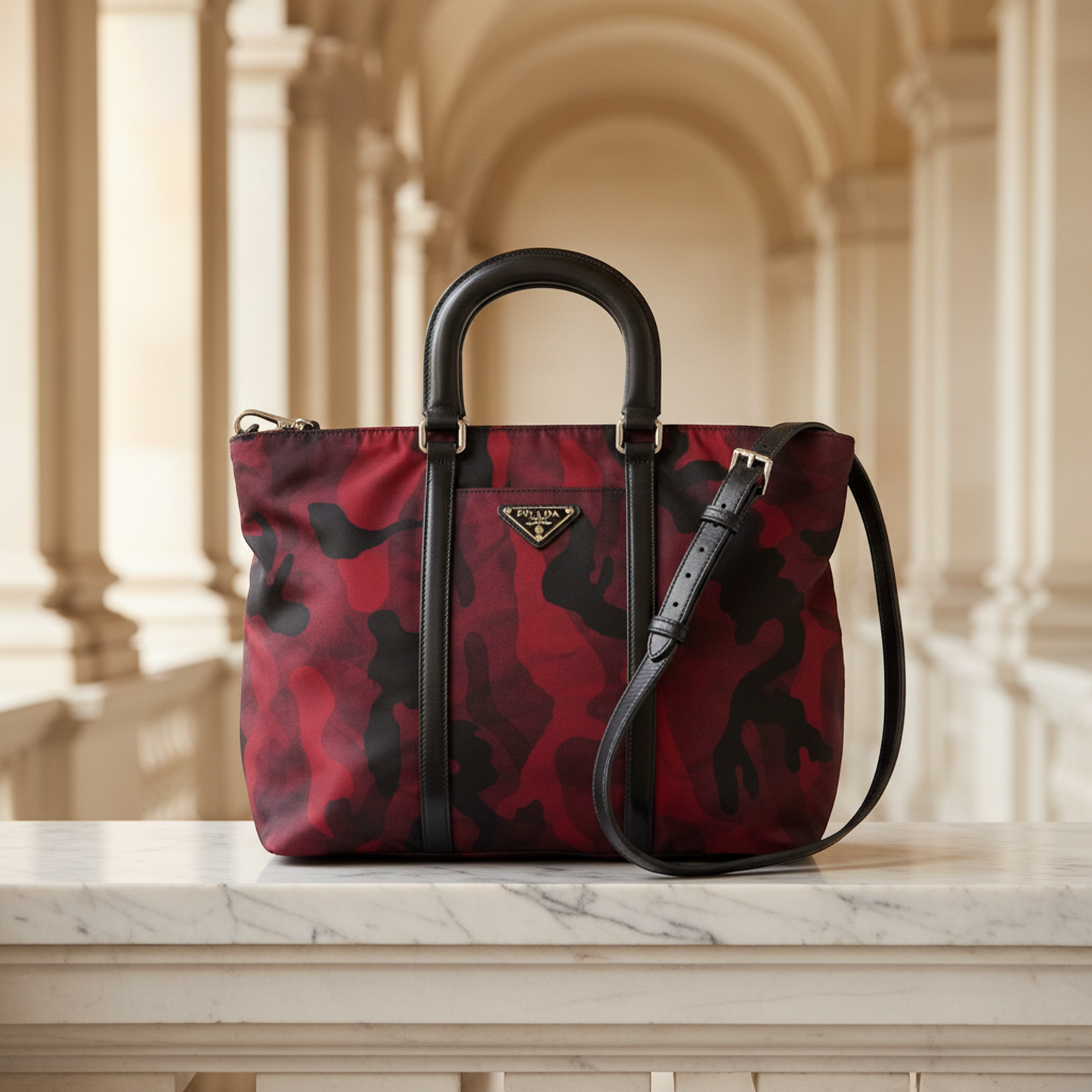 Prada Tessuto Camouflage Pattern BN2791 Women's Nylon,Leather Shoulder Bag Red Color