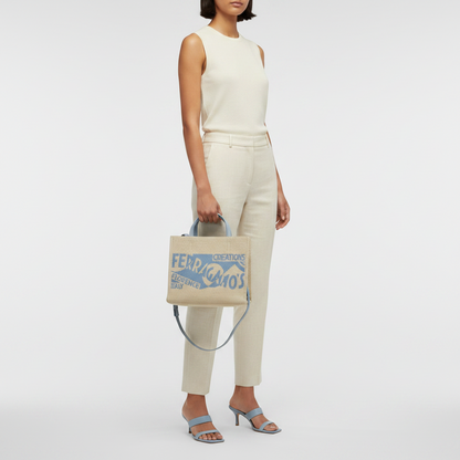 Salvatore Ferragamo Medium GG-219407 Women's Fabric,Leather Handbag,Shoulder Bag Beige,Blue