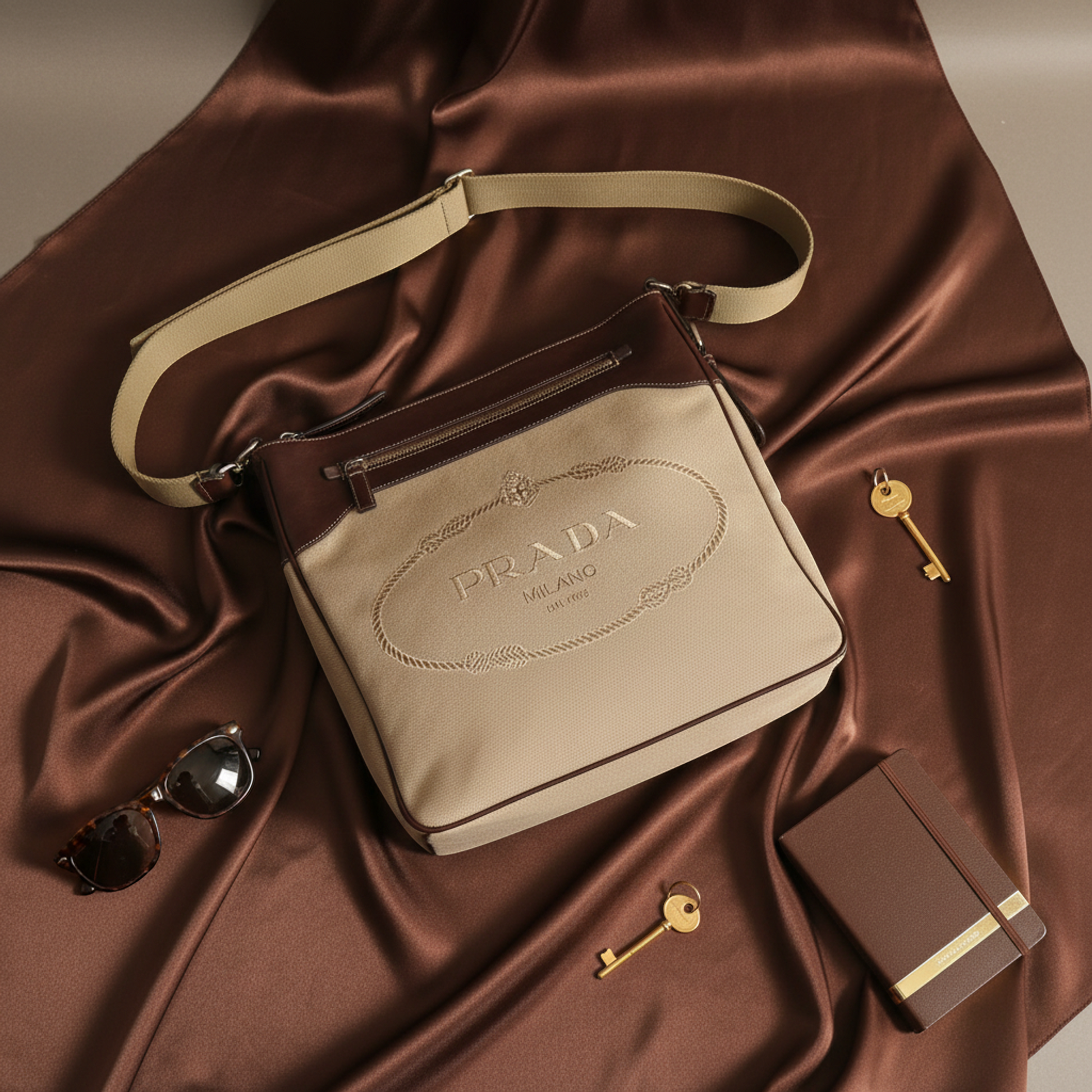 Prada VA0649 Women,Men Leather,Jacquard Shoulder Bag Beige,Dark Brown