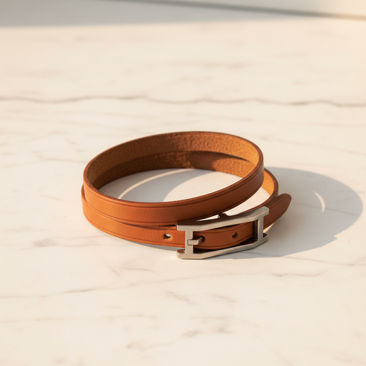 Hermes API III Choker Leather,Metal Bangle Brown,Silver
