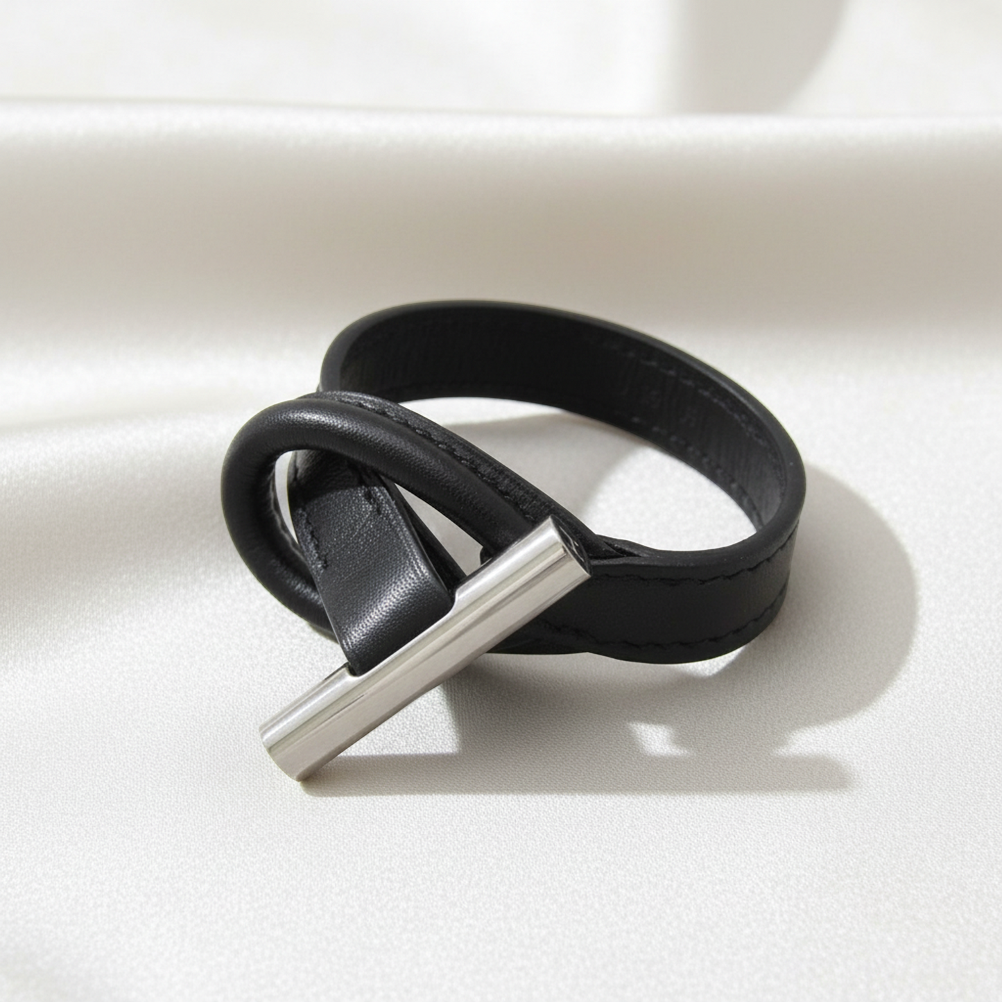 Hermes Leather,Metal Bangle Black,Silver