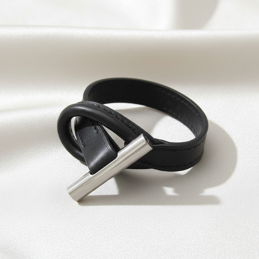 Hermes Leather,Metal Bangle Black,Silver