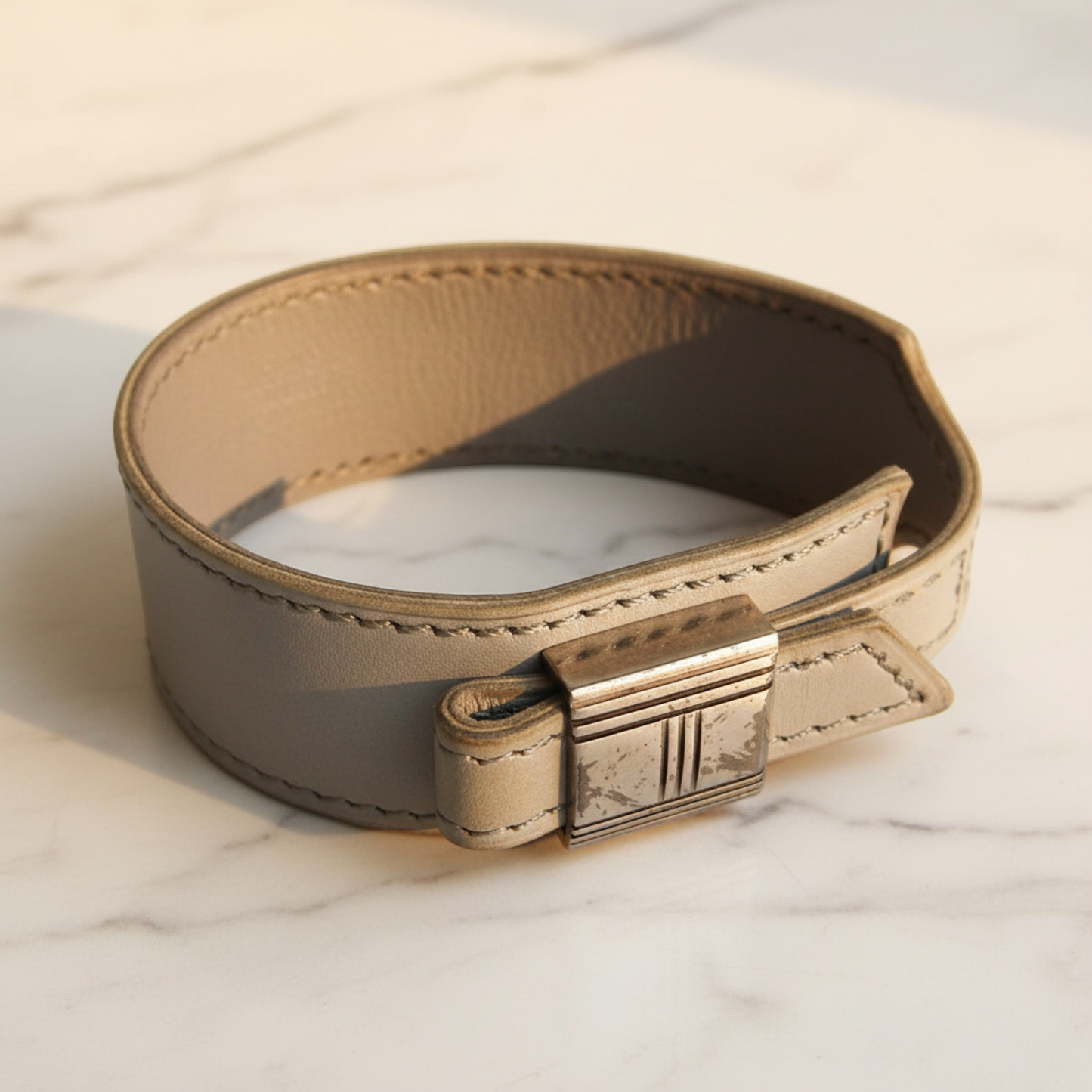 Hermes Artemis Leather,Metal Bangle Light Blue Gray,Silver