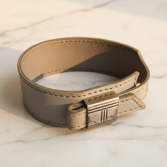 Hermes Artemis Leather,Metal Bangle Light Blue Gray,Silver