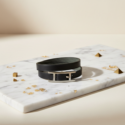 Hermes Hapi Triple Bracelet Choker Leather,Metal Bangle Black,Silver