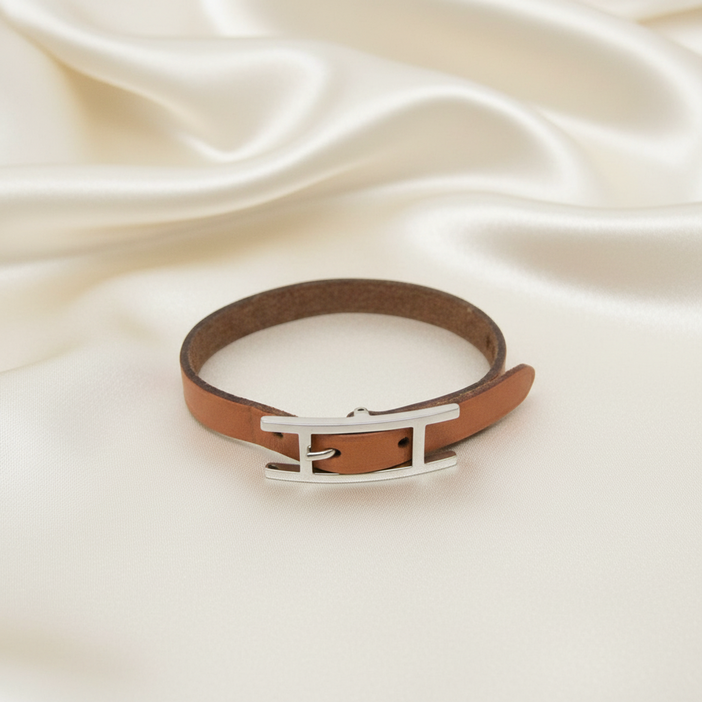Hermes Hapi Leather,Metal Bangle Brown,Silver