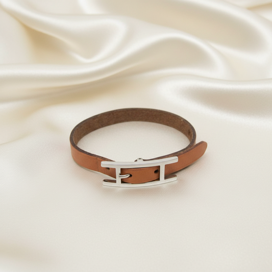 Hermes Hapi Leather,Metal Bangle Brown,Silver
