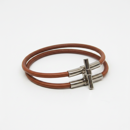 Hermes Kite Choker Leather,Metal Bangle Brown,Silver