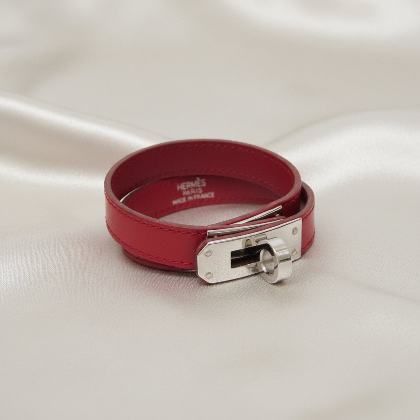 Hermes Kelly DOUBLE TOUR Leather,Metal Bangle Red Color,Silver
