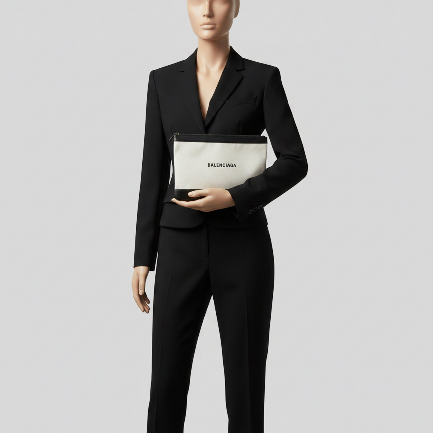 Balenciaga NAVY CLIP M 420407 Women's Canvas,Leather Clutch Bag Black,Cream