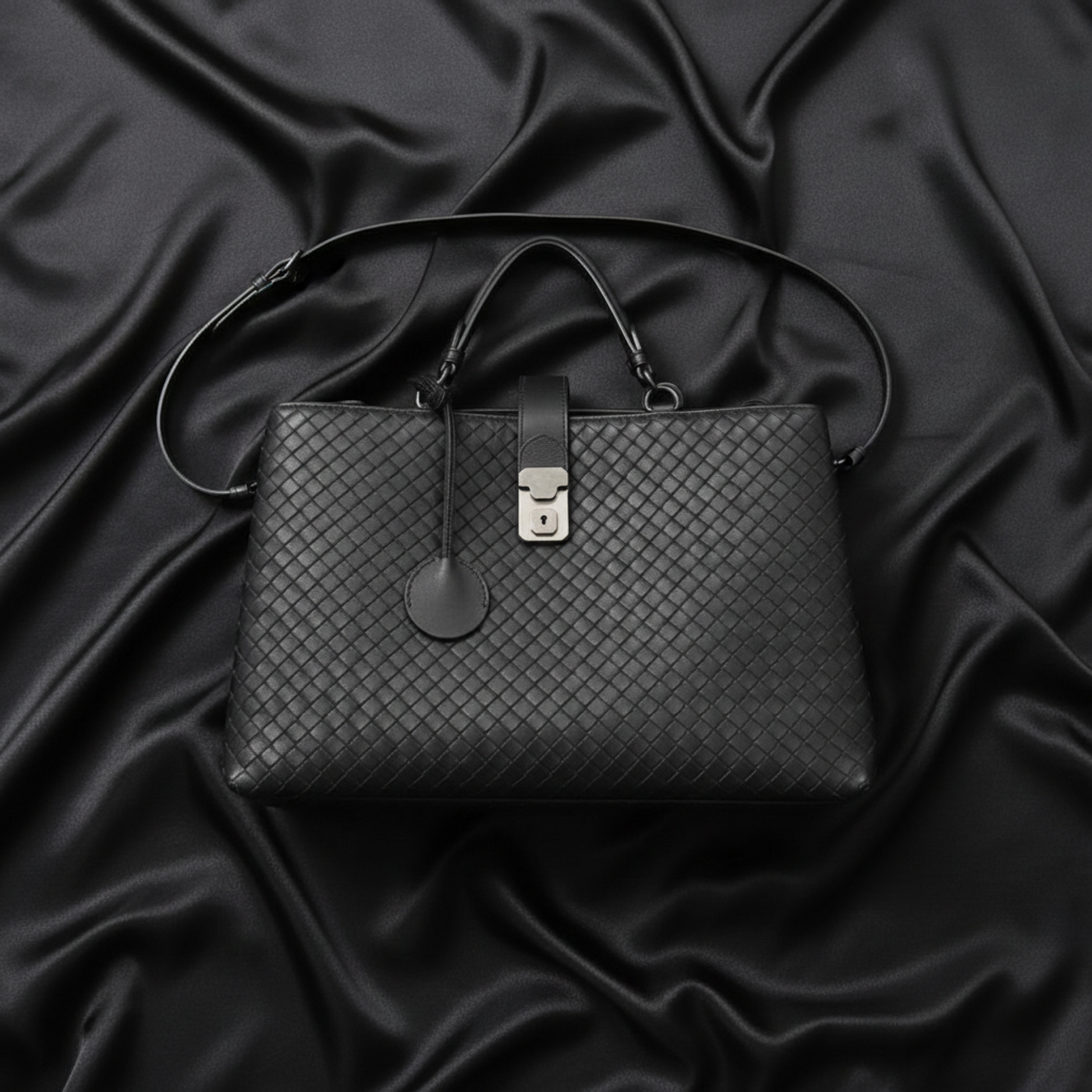 Bottega Veneta Intrecciato Rome Leather Handbag,Shoulder Bag Black