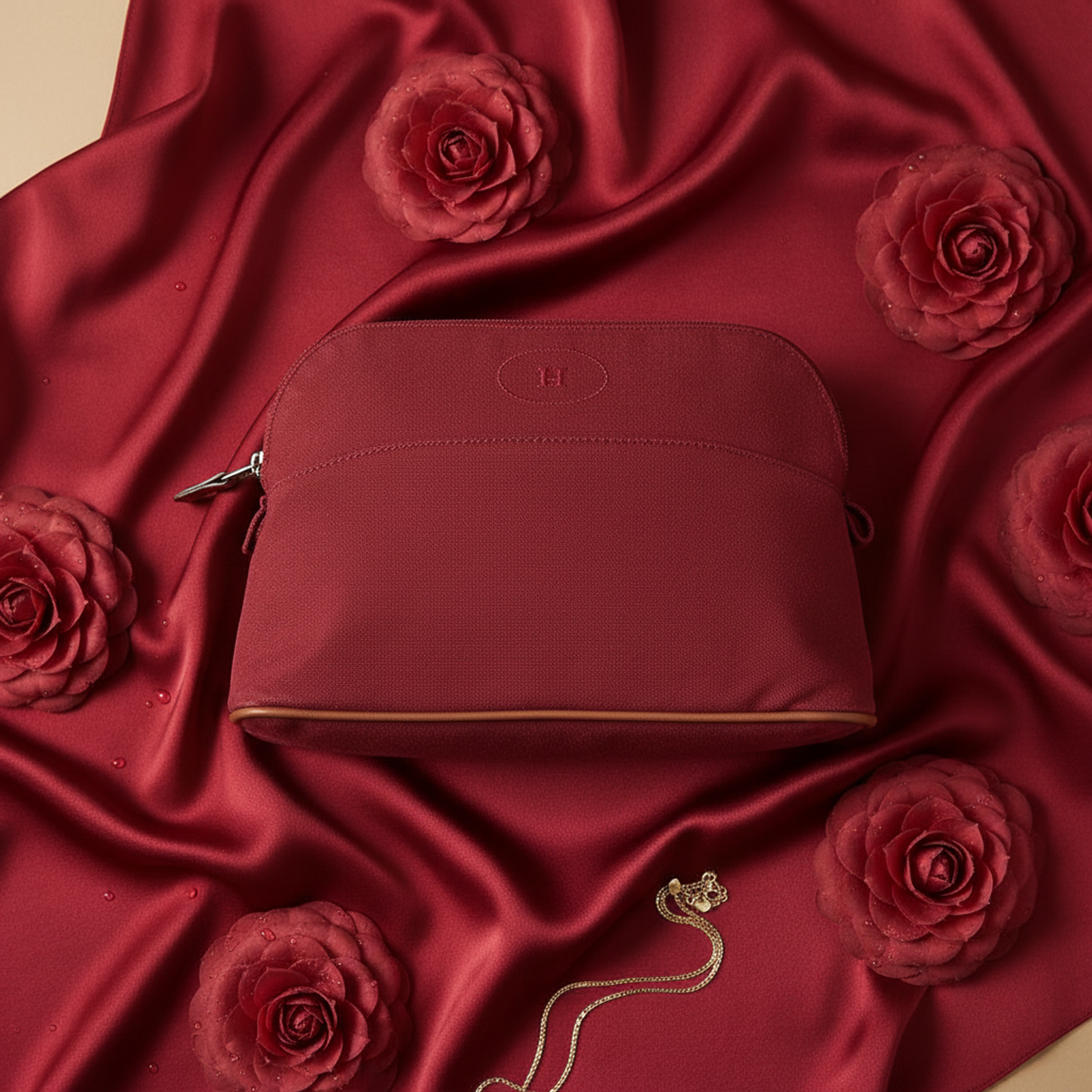 Hermes Bolide Pouch MM Women's Cotton,Leather Pouch Bordeaux