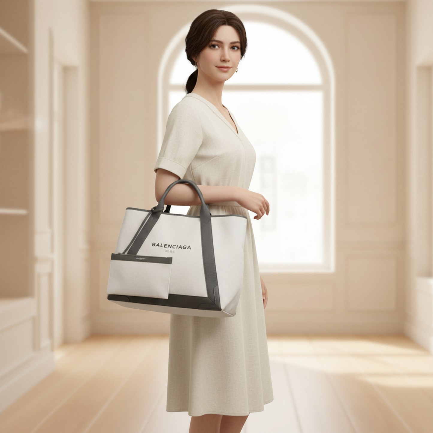 Balenciaga Navy Cabas M 339936 Women's Canvas,Leather Tote Bag Cream,Gray