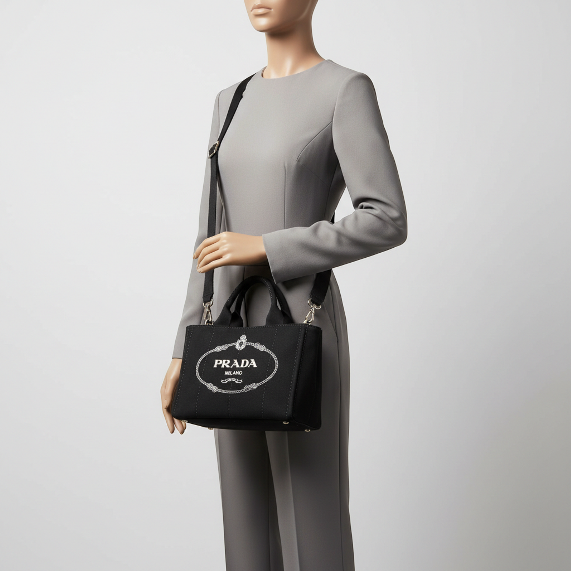 Prada Canapa B2439G Women's Canvas Shoulder Bag,Tote Bag Black