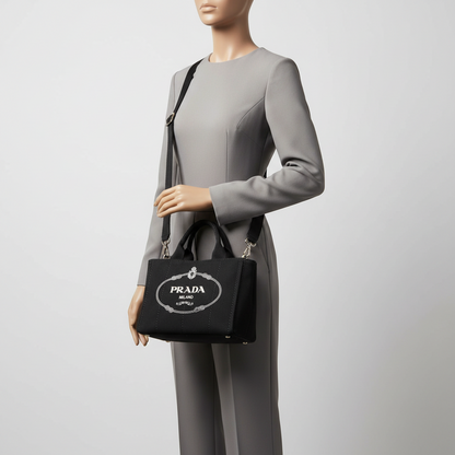 Prada Canapa B2439G Women's Canvas Shoulder Bag,Tote Bag Black