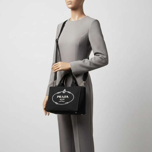 Prada Canapa B2439G Women's Canvas Shoulder Bag,Tote Bag Black