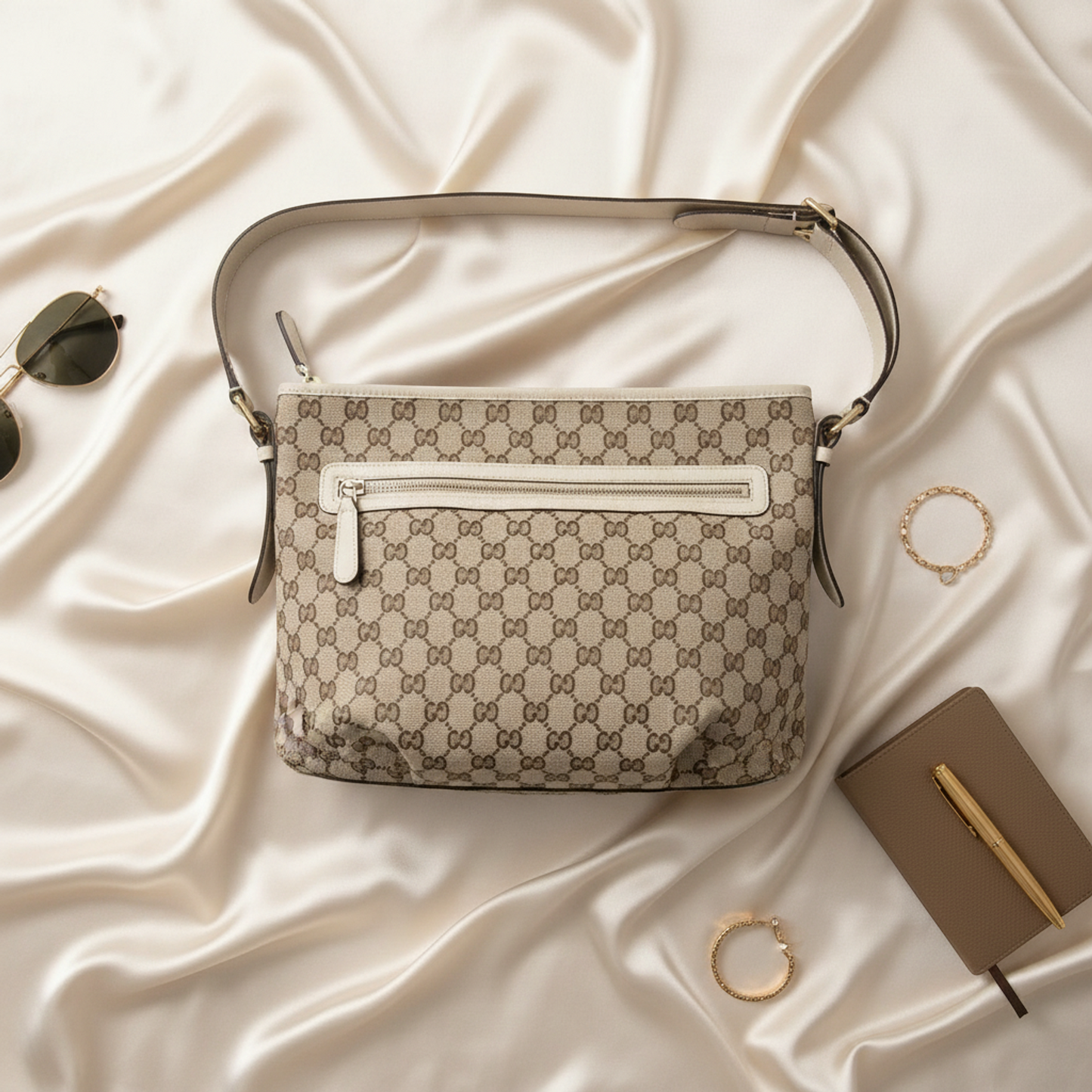Gucci GG Canvas 388930 Women's GG Canvas,Leather Shoulder Bag Beige,Brown