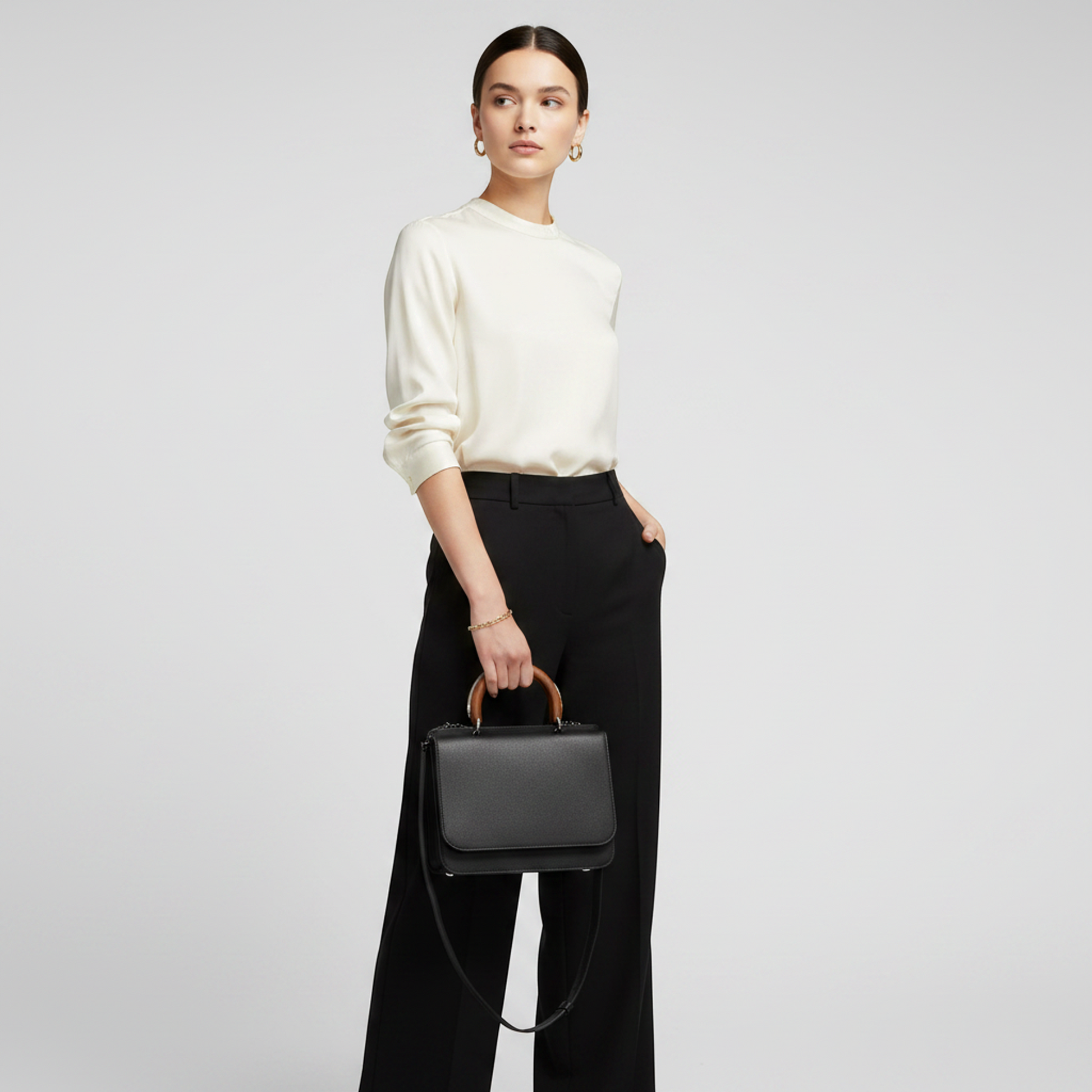 Max Mara Wooden Handle Flap Bag Women's Leather,Wood Handbag,Shoulder Bag Black