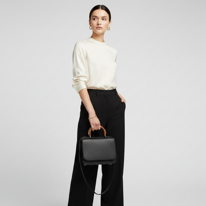 Max Mara Wooden Handle Flap Bag Women's Leather,Wood Handbag,Shoulder Bag Black