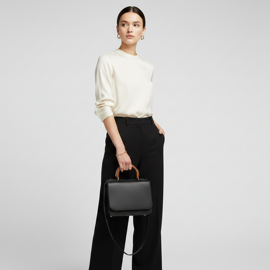 Max Mara Wooden Handle Flap Bag Women's Leather,Wood Handbag,Shoulder Bag Black