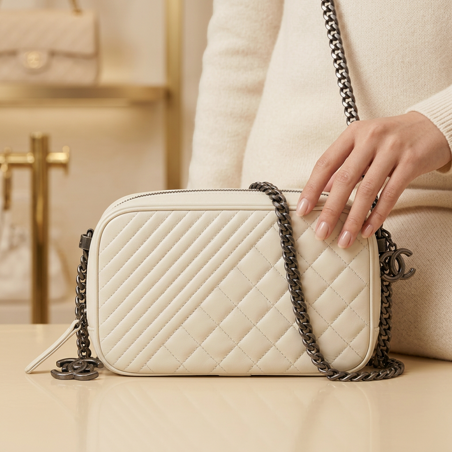 Chanel Boy Chanel Camera Bag A92656 Women's Leather Shoulder Bag Cream