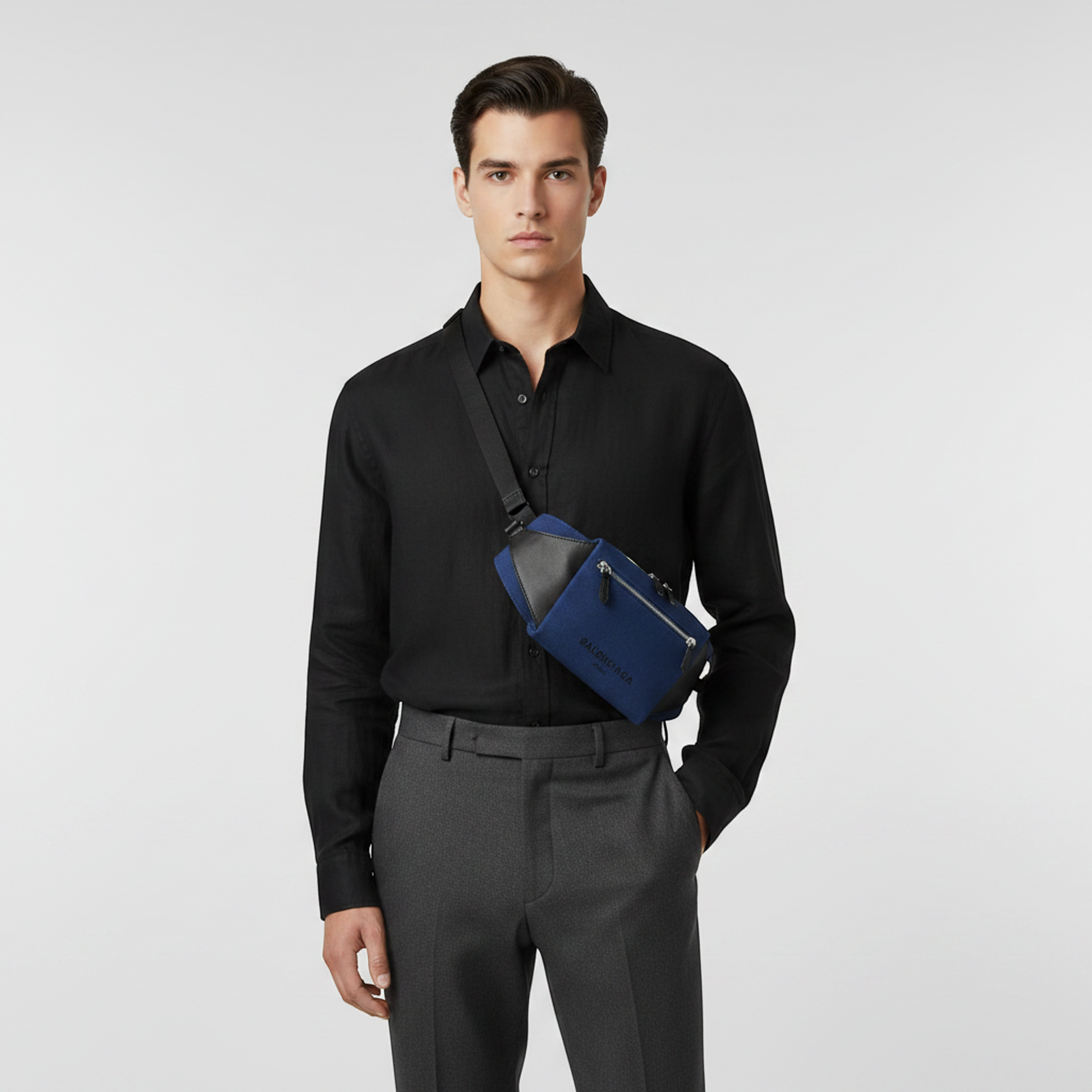 Balenciaga 433625 Men,Women Canvas,Leather Fanny Pack,Sling Bag Black,Royal Blue