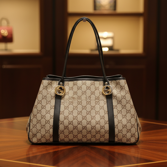 Gucci GG Twins 232957 Women's Canvas Tote Bag Beige,Black
