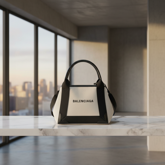 Balenciaga Navy Cabas XS 390346 Women's Canvas,Leather Handbag,Shoulder Bag Black,Cream