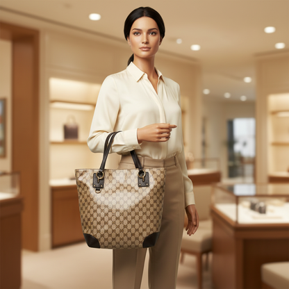 Gucci GG Crystal 353706 Women's PVC,Leather Tote Bag Beige,Dark Brown