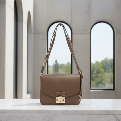 Furla Metropolis 00760475 Women's Leather Shoulder Bag Beige Brown