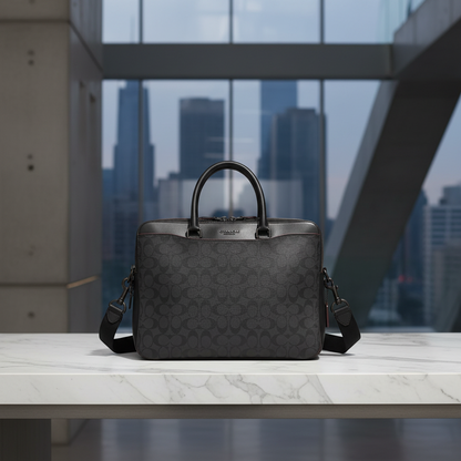 Coach Signature F79974 Men's PVC,Leather Briefcase,Shoulder Bag Black,Gray